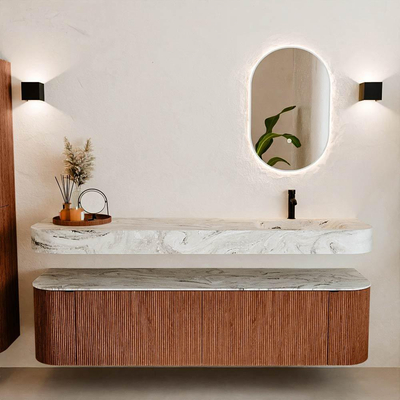 MONDIAZ THOR-DLUX 180cm meuble de salle de bains arrondi gauche + droite couleur Ruby avec 2 tiroirs et 2 portes. Vasque suspendue CLOUD Droite 1 trou de robinet couleur Glace.