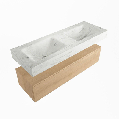 Mondiaz ALAN-DLUX Ensemble de meuble - 130cm - meuble Washed Oak mat - 1 tiroir - Lavabo Cloud Opalo suspendu - vasque Gauche et droite - 0 trous de robinet