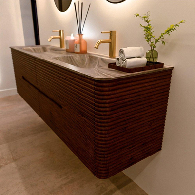 Mondiaz CIRO-DLUX Badkamermeubelset - 170x45x50cm - Solid surface wastafel Sombra - 2 wasbak Dubbel - 2 kraangaten - 4 lades - Ruby