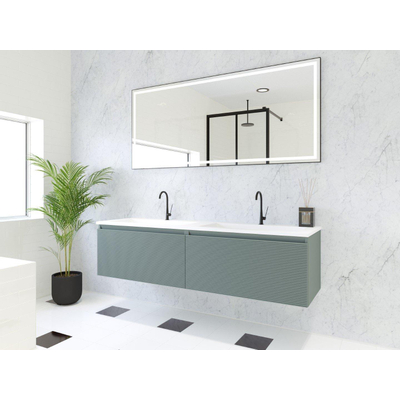 HR Matrix ensemble meuble de salle de bain 3d 160cm 2 tiroirs sans poignée avec bandeau de poignée couleur pétrole mat avec lavabo fin 2 trous de robinetterie blanc mat