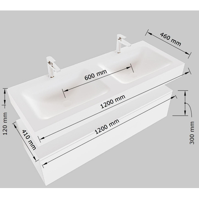 Mondiaz ALAN Meuble Talc avec 2 tiroirs 120x30x41cm vasque Cloud suspendue gauche et droite sans trou de robinet Solid Surface Urban