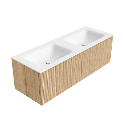 MONDIAZ KURVE 130cm Meuble salle de bain - couleur Oak - 2 tiroirs - vasque CLOUD double - sans trous de robinet - Talc