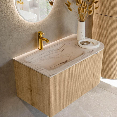 MONDIAZ KURVE-DLUX meuble de salle de bains 85cm arrondi à droite couleur chêne avec 1 tiroir et 1 porte. Lavabo CLOUD à gauche 1 trou de robinet Nata.