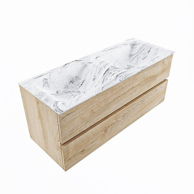 Mondiaz VICA-DLUX Ensemble de meuble de salle de bain - 120cm - meuble sous-vasque chêne blanchi - 2 tiroirs - lavabo encastré cloud double - 2 trous de robinet - version haute de 60cm - glace