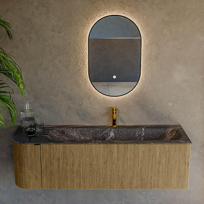 Mondiaz KURVE-DLUX Ensemble de meuble - 145x46x40cm - 1 tiroir - 1 porte - lavabo en solid surface - droite - 1 trou de robinet - Dusk
