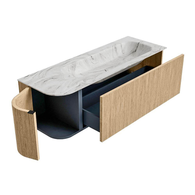 MONDIAZ KURVE-DLUX 135cm badmeubel met module 25 L kleur Oak met 1 lade en 1 deur. Wastafel BIG MEDIUM rechts zonder kraangat kleur Glace.