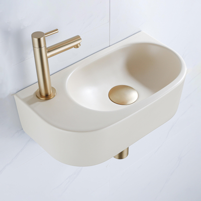 QeramiQ Fuente fonteinset – halfrond – 40x21.5x12 cm – keramiek beige – kraangat links – geborsteld gouden kraan