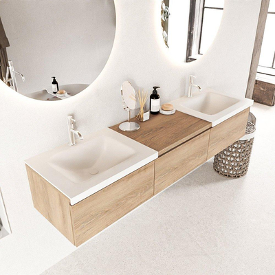 MONDIAZ BUKLA 180cm ensemble de meuble avec module 60 couleur Chêne blanchi avec 3 tiroirs. Lavabo CLOUD double 2 trous de robinet couleur Talc.