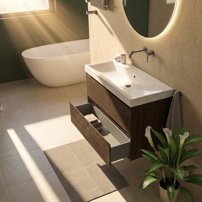 Saniclass Holz Pure Ensemble meuble de salle de bains - 100x45x67.5cm - lavabo Wave en céramique - 1 vasque - sans trou de robinetterie - 2 tiroirs - chêne charcoal mat (bois)