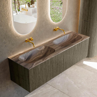 MONDIAZ KURVE-DLUX meuble de salle de bains 150cm couleur Shadow avec 2 tiroirs et 0 porte. Lavabo STOR SMALL Double sans trou de robinet Sombra.