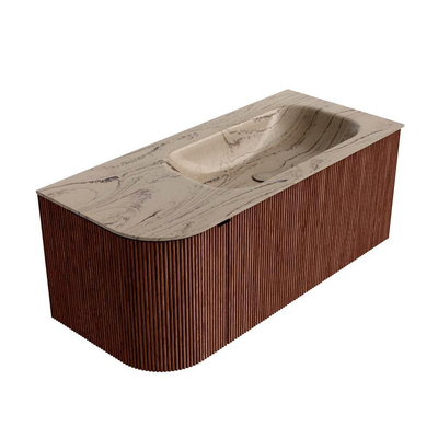 MONDIAZ KURVE-DLUX 105cm meuble de salle de bains arrondi gauche couleur Ruby avec 1 tiroir et 1 porte. Lavabo BIG SMALL droite sans trou de robinet Arena.