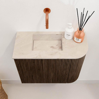 Mondiaz JOYA-DLUX 51.6cm toiletmeubel - ronding rechts kleur Walnut - Wastafel FAYE positie Links Zonder kraangat kleur Frappe.