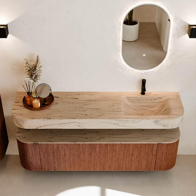 MONDIAZ THOR-DLUX 170cm meuble de salle de bains arrondi gauche + droite couleur Ruby avec 1 tiroir et 2 portes. Vasque suspendue CLOUD Droite 1 trou de robinet couleur Arena.