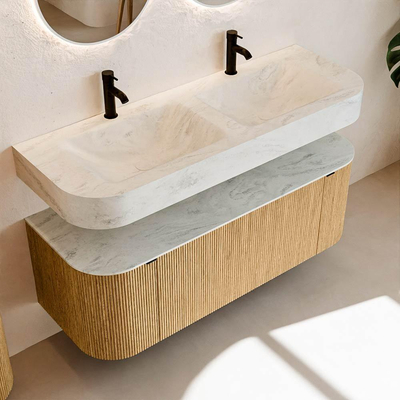 MONDIAZ THOR-DLUX 130cm meuble de salle de bains arrondi gauche + droite couleur Oak avec 1 tiroir et 2 portes. Vasque suspendue CLOUD Double 2 trous de robinet couleur Opalo.