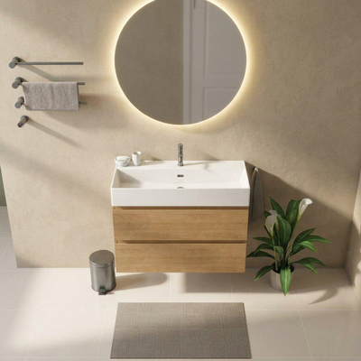 Saniclass Holz Pure Ensemble meuble de salle de bains - 100x45x72cm - Legend lavabo en céramique blanc - 1 vasque - 1 trou de robinetterie - 2 tiroirs - chêne natural mat (bois)