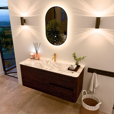 Mondiaz CIRO-DLUX Badkamermeubelset - 120x45x50cm - Solid surface wastafel Glace - 1 wasbak Midden - 1 kraangat - 2 lades - Walnut