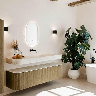 MONDIAZ THOR-DLUX Meuble de salle de bains - 170cm - arrondi gauche + droite - couleur Dusk - 1 tiroir - 2 portes - Vasque suspendue CLOUD Milieu sans trou de robinet - couleur Ostra