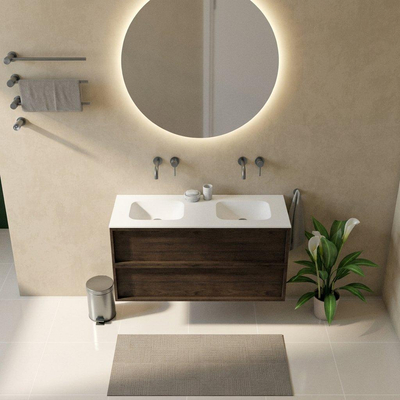 Saniclass Holz Frame Ensemble meuble de salle de bains - 120x45x61.5cm - Vasque Flow en solid surface blanc - 2 vasques - sans trous de robinetterie - 2 tiroirs - chêne charcoal mat (bois)
