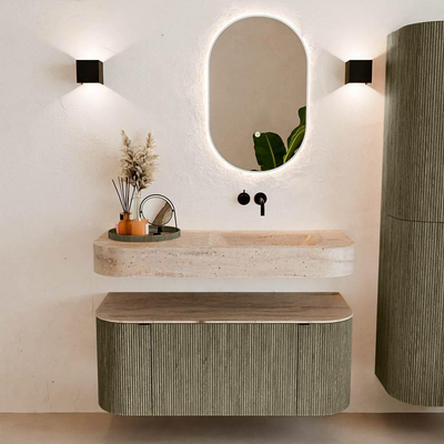 MONDIAZ THOR-DLUX 110cm meuble de salle de bains arrondi gauche + droite couleur Shadow avec 1 tiroir et 2 portes. Vasque suspendue CLOUD Droite sans trou de robinet couleur Saba.