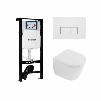 QeramiQ Dely Toiletset - 36.3x51.7cm - diepspoel - rimless - Geberit UP320 plieger inbouwreservoir - softclose toilet zitting - 35mm - mat witte bedieningsplaat - rechthoekige knoppen - mat wit