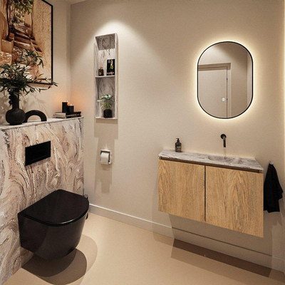 MONDIAZ TURE-DLUX Meuble toilette - 80cm - Washed Oak - EDEN - vasque Glace - position droite - sans trou de robinet