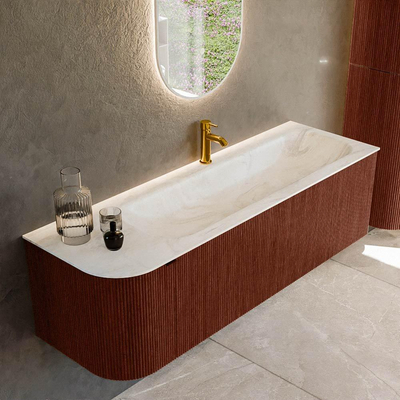 Mondiaz KURVE-DLUX Badkamermeubelset - 145x46x40cm - 1 lade - 1 deur - wastafel solid surface - rechts - 1 kraangat - Ruby