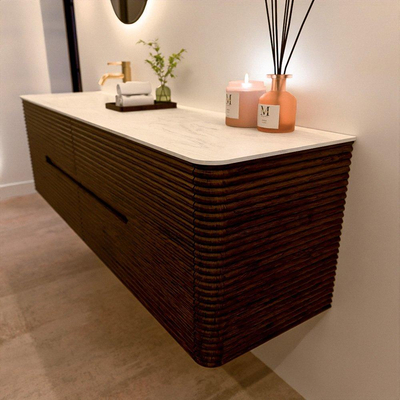 Mondiaz CIRO-DLUX Meuble de salle de bains - 170x45x50cm - Plan vasque solid surface Opalo - 1 vasque à gauche - 1 trou de robinet - 4 tiroirs - Noyer