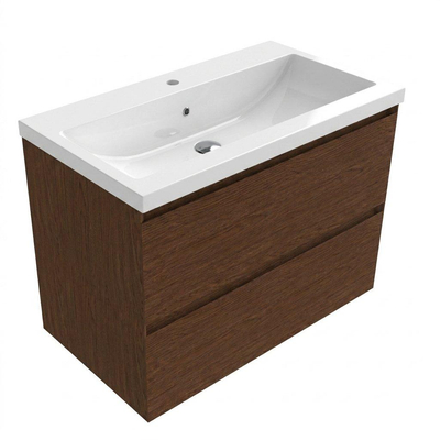 Saniclass Holz Pure Ensemble meuble de salle de bains - 80x45x63.5cm - Lavabo en céramique Bari blanc - 1 vasque - 1 trou de robinet - 2 tiroirs - noyer pure mat (bois)