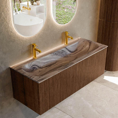 MONDIAZ KURVE-DLUX 120cm badmeubel kleur Walnut met 1 lade en 0 deuren. Wastafel BIG LARGE Midden 2 kraangaten Sombra.