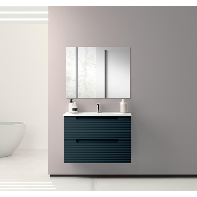 Adema Prime Balance Ensemble de meuble - 80x55x45cm - 1 vasque ovale en céramique Blanc - 1 trou de robinet - 2 tiroirs - avec miroir rectangulaire - Navy Blue