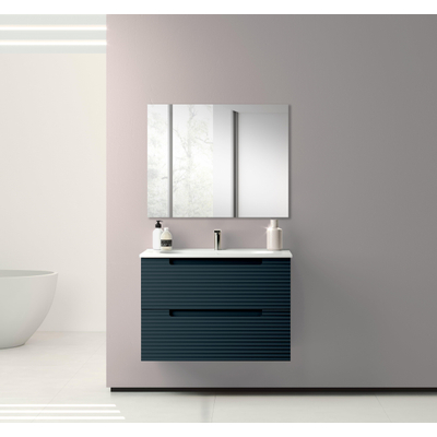 Saniclass Prime Balance Meuble de salle de bain - 80x55x45cm - 1 vasque rectangulaire en céramique blanc - 1 trou de robinet - 2 tiroirs - miroir rectangulaire - mat marine bleu
