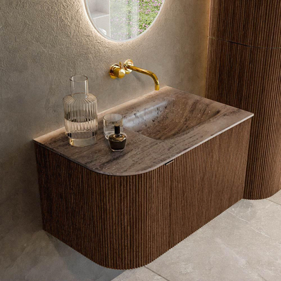 MONDIAZ KURVE-DLUX 75cm badmeubel ronding Links kleur Walnut met 1 lade en 1 deur. Wastafel GRUNNE Rechts zonder kraangat Oza.