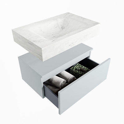 Mondiaz ALAN-DLUX Ensemble de meuble - 70cm - meuble Clay mat - 1 tiroir - Lavabo Cloud Opalo suspendu - vasque Centre - 0 trous de robinet