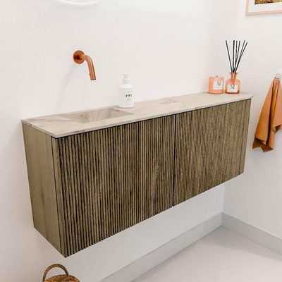 Mondiaz JOYA-DLUX 111.6cm toiletmeubel - ronding rechts kleur Dusk - Wastafel FAYE positie Links Zonder kraangat kleur Frappe.