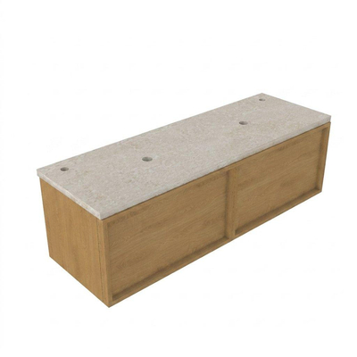 Saniclass Holz Frame Ensemble de meubles de salle de bains - 140x45x43cm - Plan de travail en pierre naturelle travertin - 2 trous de robinetterie - 2 tiroirs - chêne natural mat (bois)
