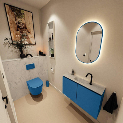 MONDIAZ TURE-DLUX Meuble toilette - 80cm - Jeans - EDEN - vasque Opalo - position centrale - 1 trou de robinet