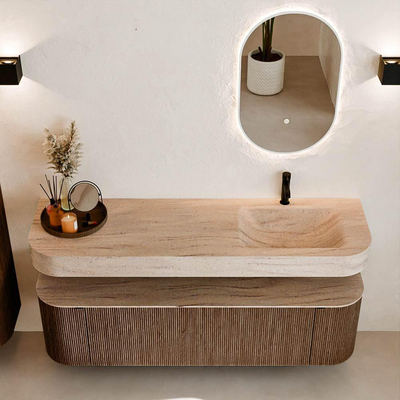 MONDIAZ THOR-DLUX 160cm badmeubel ronding links + rechts kleur Walnut met 1 lade en 2 deuren. Vrijhangende wastafel CLOUD Rechts 1 kraangat kleur Saba.