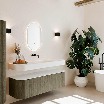 MONDIAZ THOR 150cm meuble de salle de bains arrondi gauche + droite couleur Shadow avec 1 tiroir et 2 portes. Vasque suspendue CLOUD Milieu sans trou de robinet couleur Talc.