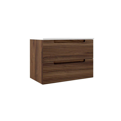 Saniclass Prime Balance Meuble de salle de bain - 80x55x45cm - 1 vasque ovale en céramique blanc - 1 trou de robinet - 2 tiroirs - miroir rectangulaire - noyer