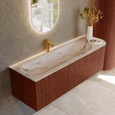 MONDIAZ KURVE-DLUX Meuble de salle de bains 145cm arrondi à droite couleur Ruby avec 1 tiroir et 1 porte. Lavabo BIG LARGE à gauche 1 trou de robinet Nata.