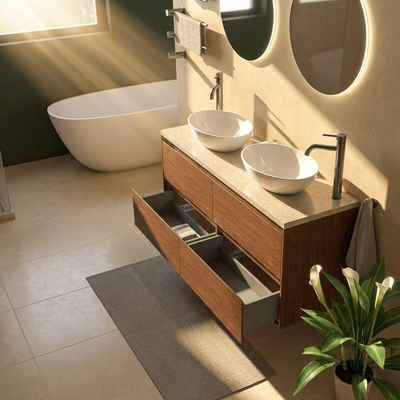 Saniclass Holz Pure Ensemble meuble de salle de bains - 140x45x63cm - Plan de travail en pierre naturelle travertin - 2 trous de robinet - 4 tiroirs - mat noyer pure (bois)