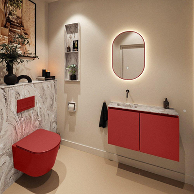 MONDIAZ TURE-DLUX Meuble toilette - 80cm - Fire - EDEN - vasque Glace - position gauche - sans trou de robinet