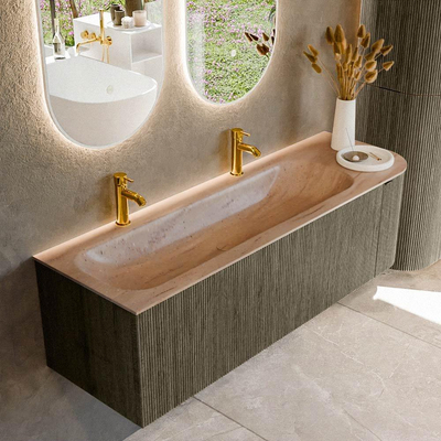 MONDIAZ KURVE-DLUX meuble de salle de bains 145cm arrondi à droite couleur Shadow avec 1 tiroir et 1 porte. Lavabo BIG LARGE à gauche 2 trous de robinet Saba.