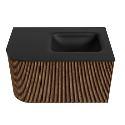 MONDIAZ KURVE 75cm Meuble salle de bain avec module 25 G - couleur Walnut - 1 tiroir - 1 porte - vasque GRUNNE droite - sans trous de robinet - Urban