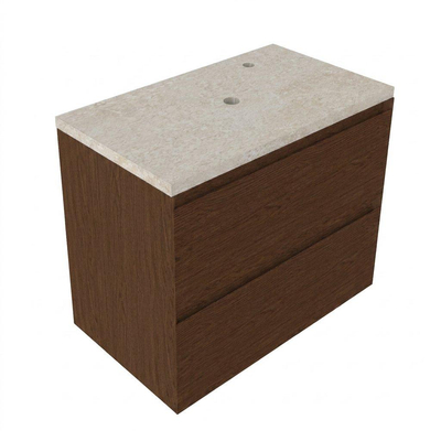 Saniclass Holz Pure Ensemble de meubles de salle de bains - 80x45x63cm - Plan de travail en pierre naturelle travertin - 1 trou de robinetterie - 2 tiroirs - walnut pure mat (bois)