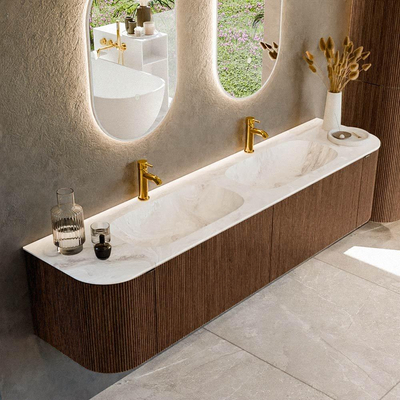 MONDIAZ KURVE-DLUX 190cm badmeubel met module 25 Len R kleur Walnut met 2 lades en 2 deuren. Wastafel STOR SMALL dubbel 2 kraangaten kleur Frappe.