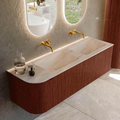 MONDIAZ KURVE-DLUX Meuble de salle de bains 145cm arrondi à gauche couleur Ruby avec 1 tiroir et 1 porte. Lavabo LEAF Double / Droite sans trou de robinet Meli.