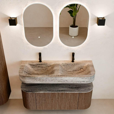 MONDIAZ THOR-DLUX 120cm badmeubel ronding links + rechts kleur Walnut met 1 lade en 2 deuren. Vrijhangende wastafel CLOUD Dubbel 2 kraangaten kleur Oza.