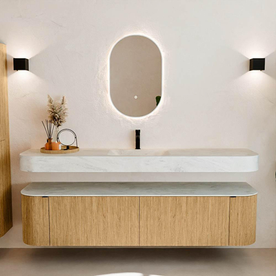 MONDIAZ THOR-DLUX Meuble de salle de bains - 190cm - arrondi gauche + droite - couleur Oak - 2 tiroirs - 2 portes - Vasque suspendue CLOUD centrale 1 trou de robinet - couleur Opalo