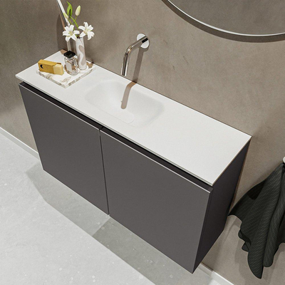 MONDIAZ TURE Toiletmeubel 80x23x50cm met 0 kraangaten 2 deuren dark grey mat Wastafel Eden midden Solid Surface Wit